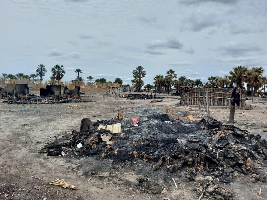 Burnt down village in Leer County, South Sudan.