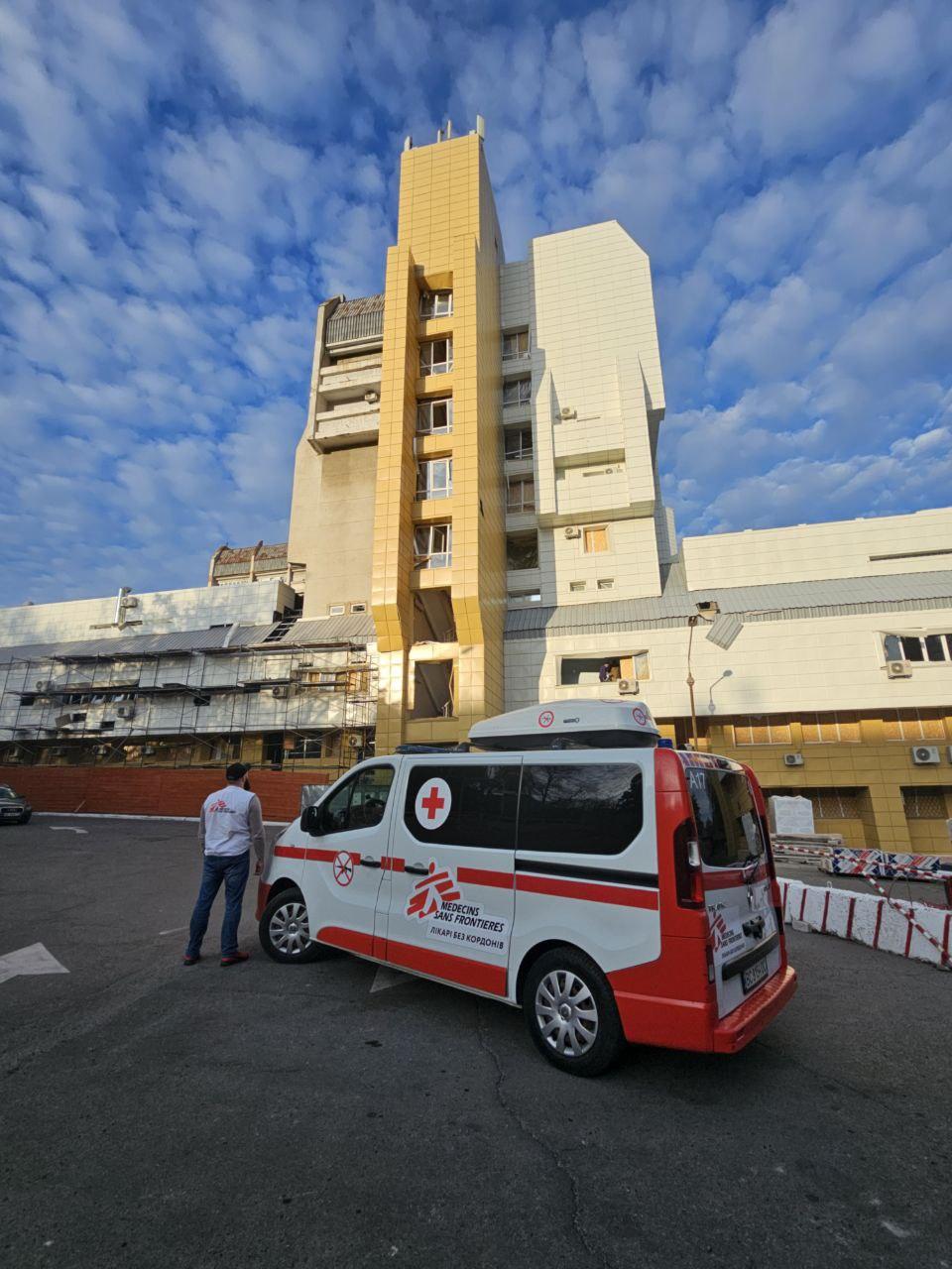 Damaged hospital and ambulance in Dnipro